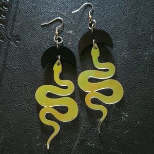Iridescent Snake Earrings - Acrylic Snakes with Black Moons - Dolls Kill